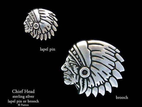 Indian Chief Head Lapel Pin Brooch sterling silver