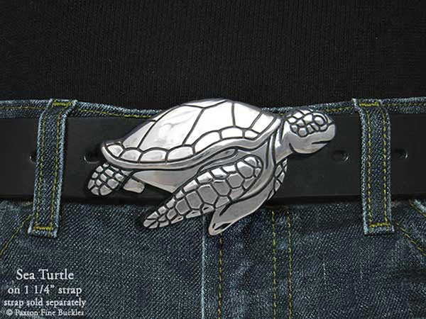Vintage 70\'s Brass Cast Sea Turtle Belt Buckle Green Sea Turtle Leather Belt - Cellar Leather main image 2