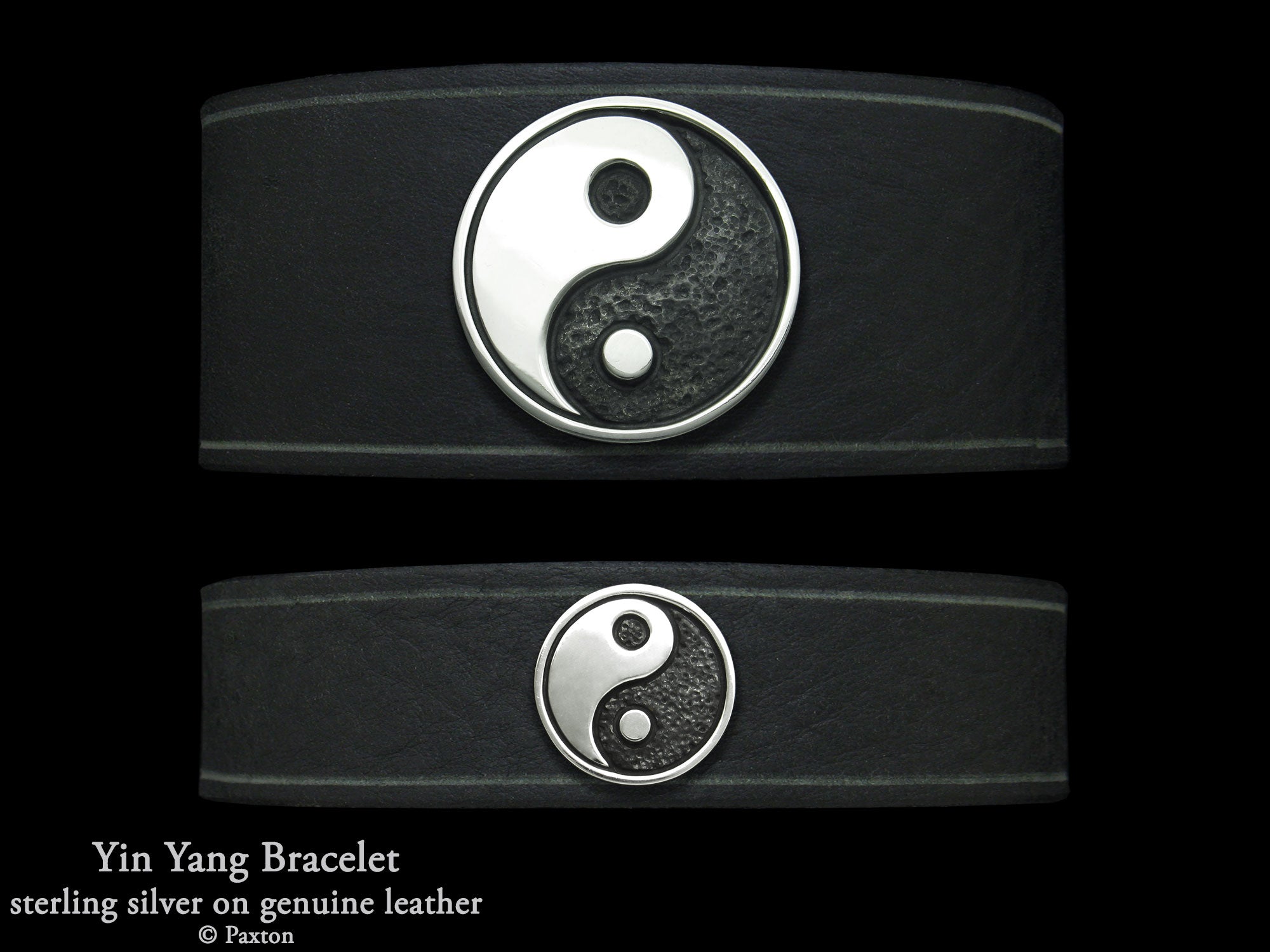 Yin Yang bracelet with sterling silver design on black leather band