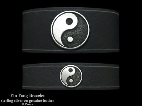 Yin Yang bracelet with sterling silver design on black leather band