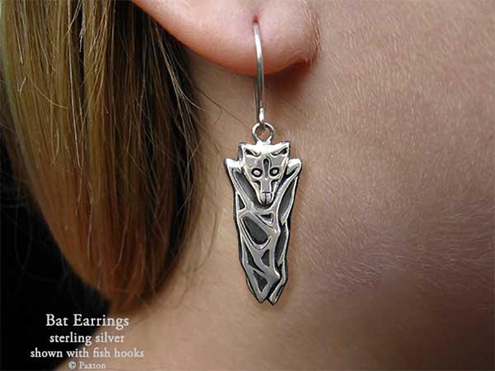 Bat Earrings in Sterling Silver by Paxton Jewelry Fish Hook