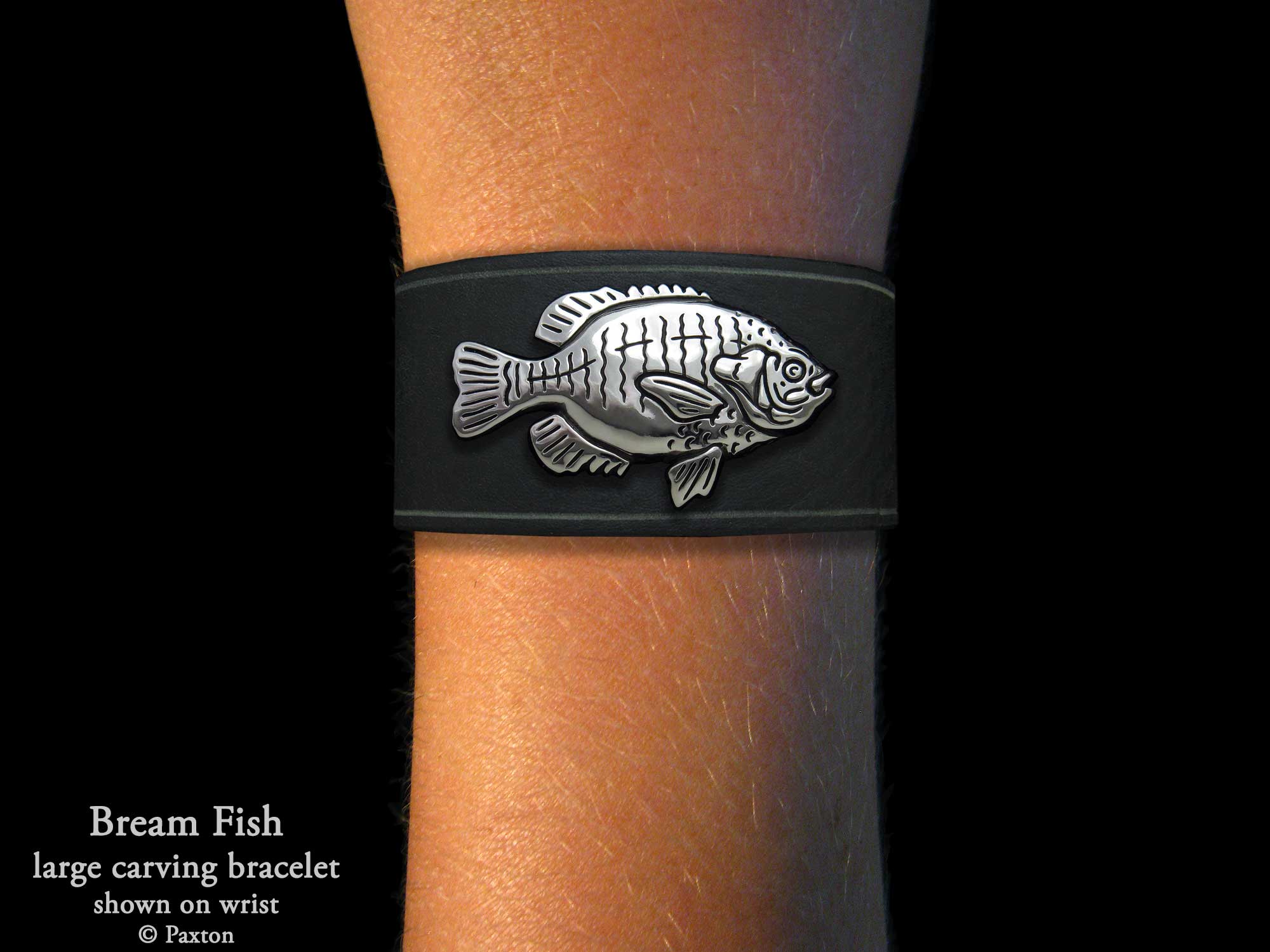Sterling Silver Bream Fish On Leather Bracelet by Paxton Jewelry Black Leather / Large (Approx. Wrist Size 7 to 7 3/4)
