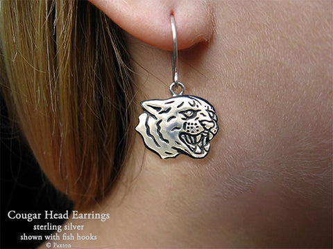Cougar Head Earrings fishhook sterling silver