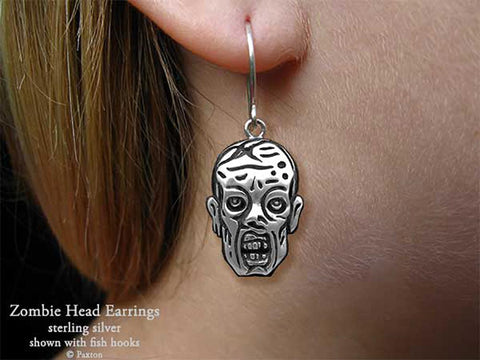 Zombie Head Earrings fishhook sterling silver Walking dead inspired