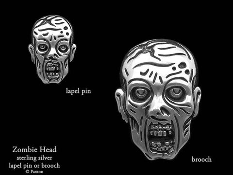 Zombie Head Lapel Pin Brooch sterling silver